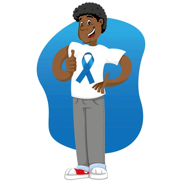 Erkek afrodescendant maskotu mavi kurdele ile beyaz bir gömlek giymiş Ben, prostat kanserine karşı mavi movember destekleyen. Eğitim ve bilgilendirme materyalleri için idealdir — Stok Vektör