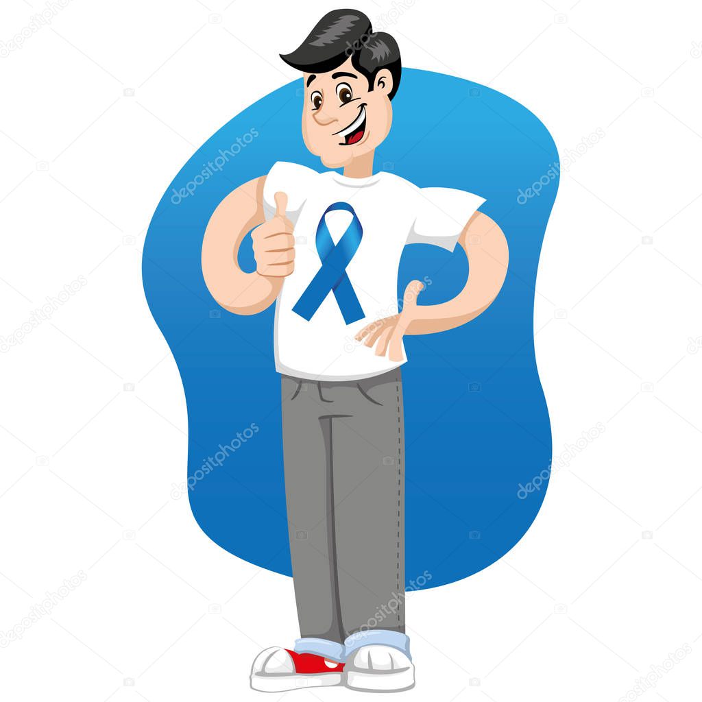 male mascot supporting movember blue, against prostate cancer, wearing a white shirt with blue tape. Ideal for educational materials and information