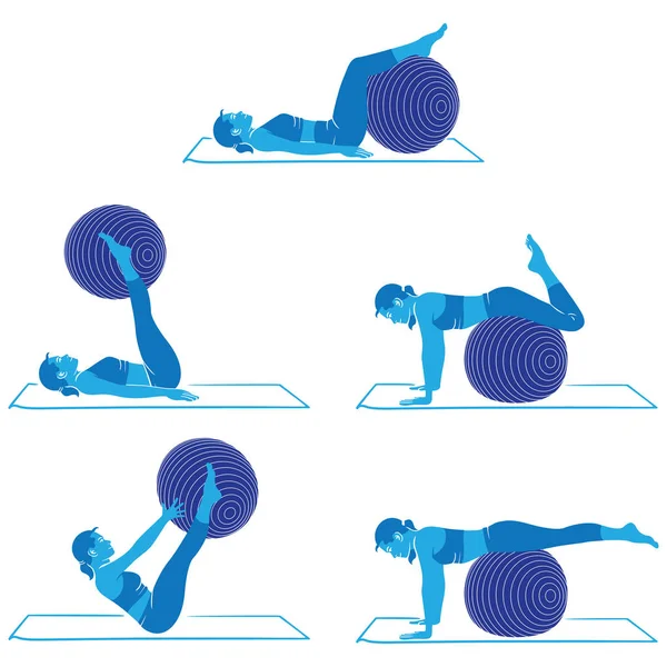 Woman doing exercises and physiotherapy gym with pilates ball material. Ideal for catalogs and educational material and institutional — Stock Vector