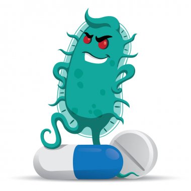 Concept of resistance to antibiotics. Creature superbug a microorganism stepping on medicines and antibiotics with air of superiority. Ideal for informational and medicinal materials on ineffective antibacterial therapy clipart