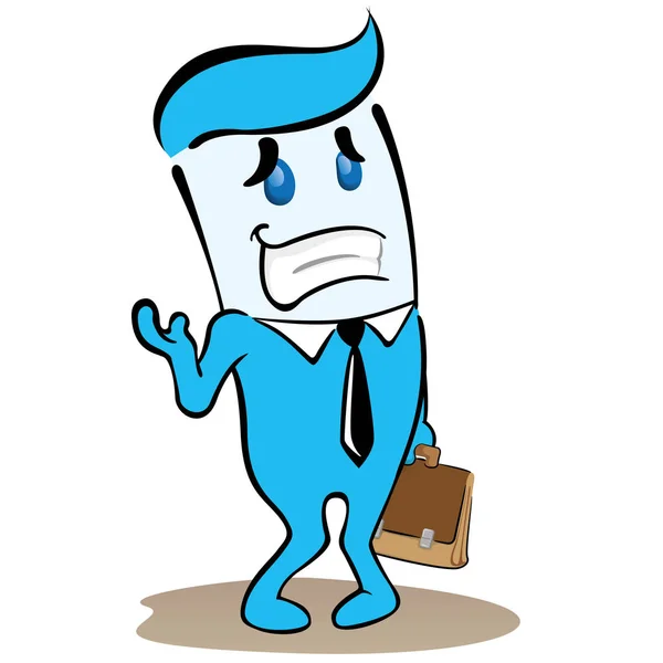 Ilustração de uma mascote executiva azul, envergonhada, tímida e introvertida. Ideal para questões de formação, internas e institucionais — Vetor de Stock