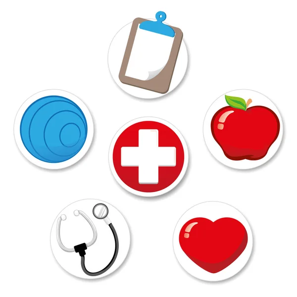 Representing icon of welfare and health. Pilates, hospital, apple, heart, clipboard and stethoscope. Ideal for medical and institutional materials — Stock Vector