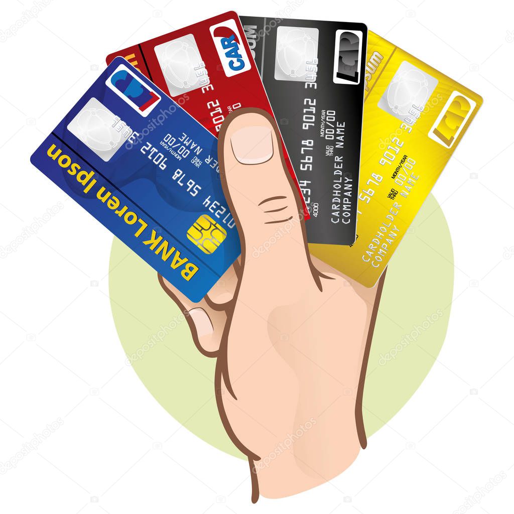 Illustration represents the close-up of a hand holding a credit cards, Caucasian. Ideal for financial campaigns