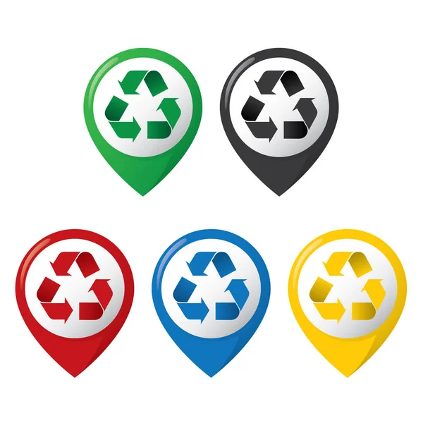Icon representing recycling location, several. Ideal for catalogs, informative and recycling guides. — Stock Vector