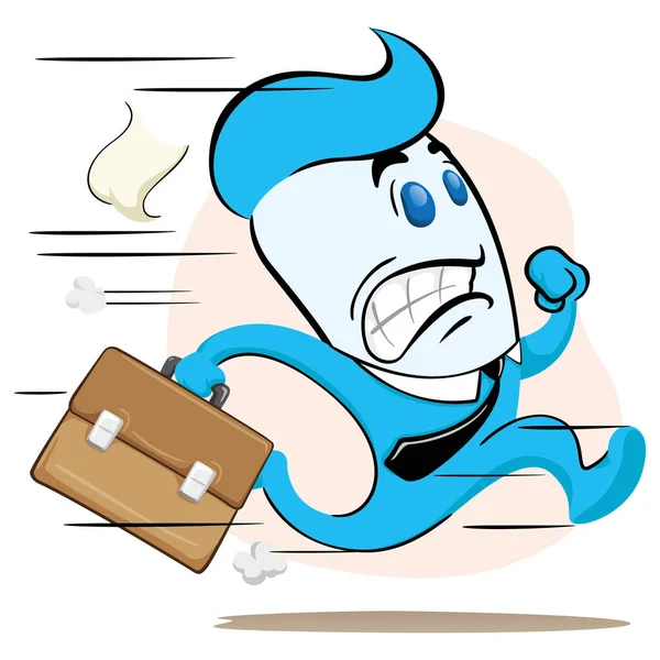 Illustratie van een blauwe office uitvoerende mascotte, uitgevoerd met een koffer in de hand op de vlucht of vertragen. Ideaal voor opleiding, interne en institutionele vraagstukken — Stockvector