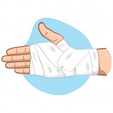 Resimde ilk yardım el palm ve bilek bölgesi, beyaz bandaj bandaj ile. Tıbbi, bilgilendirici ve kurumsal katalog için idealdir