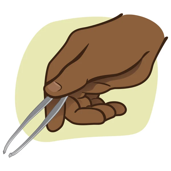 Illustration of person hand holding tweezers. Afro-descendant. Ideal for catalogs, informational and institutional guides — Stock Vector