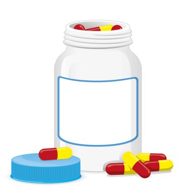 Dağınık kapsüller ile açık şişe ambalaj nesne çizimi. kozmetik, ilaç, ek. Kataloglar, bilgiler ve kataloglar 2d ambalajiçin idealdir