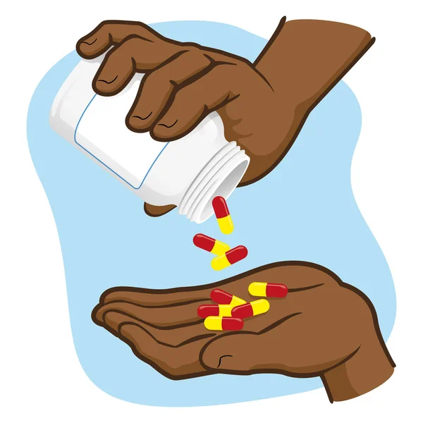 Человек иллюстрация рука принимая лекарства капсулы в бутылке, африканского происхождения. Идеально подходит для информационных и медицинских материалов — стоковый вектор