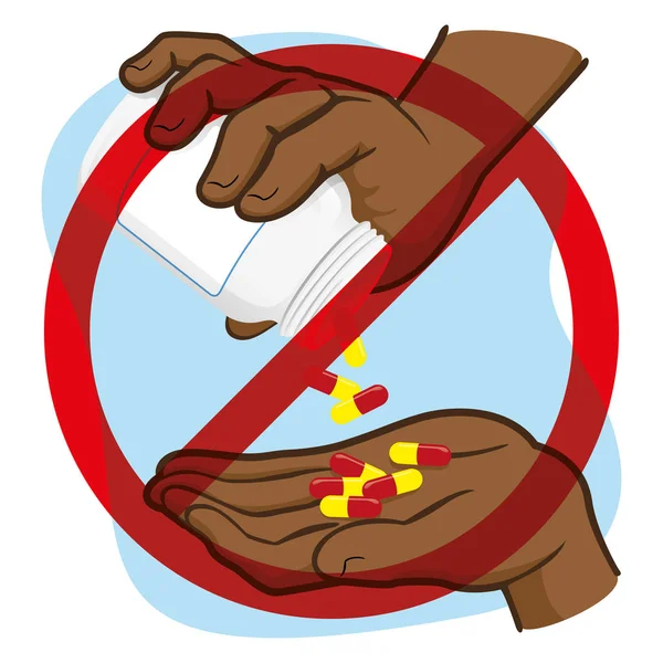 Ilustración de las manos de la persona recogiendo cápsulas de drogas con un signo prohibido en él, afrodescendiente. Ideal para materiales informativos y medicinales — Vector de stock