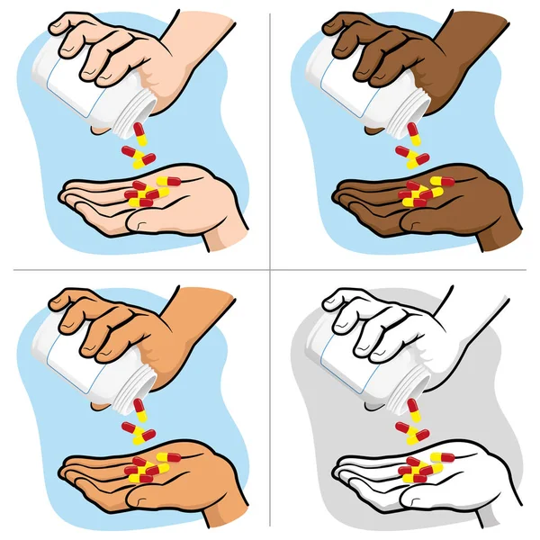 Illustrazione delle mani della persona che raccolgono le capsule della medicina in un vaso, etnie. Ideale per materiali informativi e medicinali — Vettoriale Stock