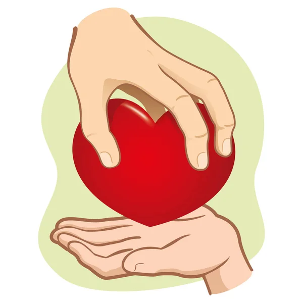 Ilustración mano entregando el corazón a otro, caucásico. Ideal para materiales institucionales y románticos — Vector de stock