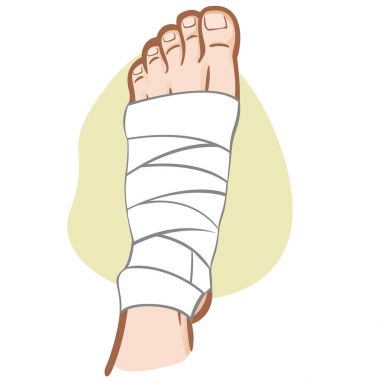 İlk yardım kişi beyaz, bandajlı ayak, üstten görünüm Illustration. Kataloglar, bilgi ve tıp için ideal kılavuzları