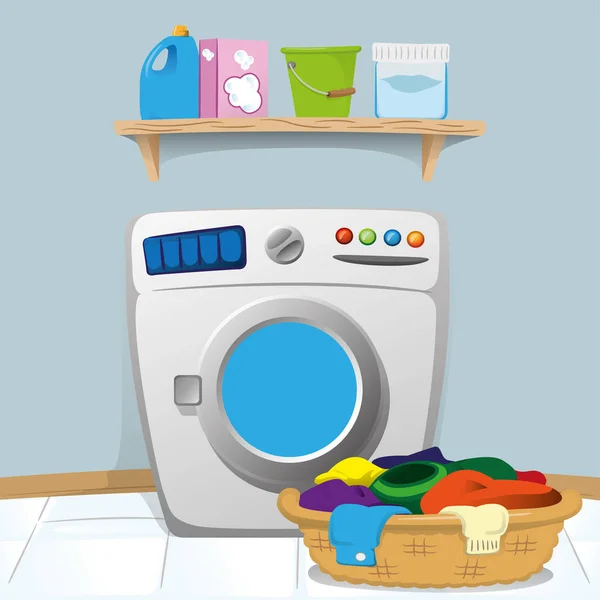 Illustration of a laundry room with washing machine and cleaning products on the shelf. Ideal for catalogs, information and institutional material — Stock Vector