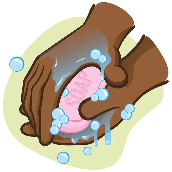 Illustratie van een persoon wassen van de handen met zeep en water, afro afkomst. Ideaal voor training, informatieve en institutionele materiële catalogi — Stockvector