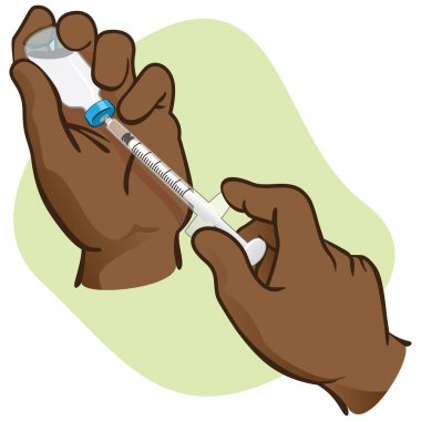 İlk yardım kişi şırınga, afro asıllı bir ampül içeriğini seçmek. malzeme, eğitim kataloglar için ideal ve kurumsal