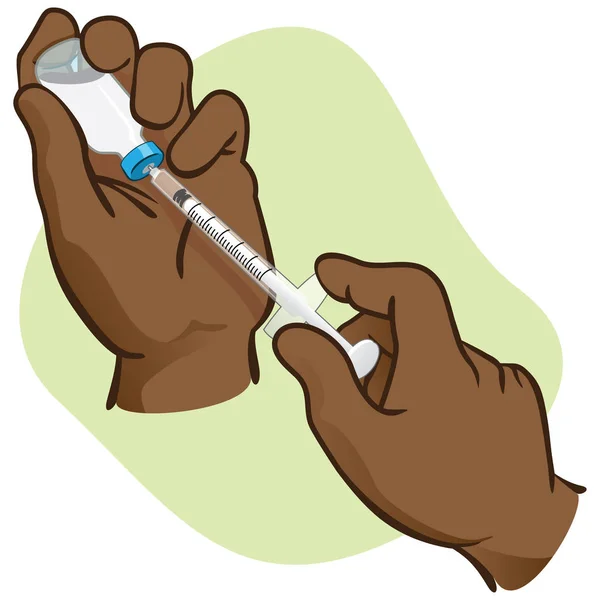První Pomoc Člověk Zvedne Obsah Ampulky Injekční Stříkačkou Afro Sestup — Stockový vektor