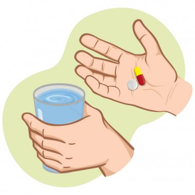 Illustration of hand holding medicines and other hand with glass of water, Caucasian. Ideal for catalogs, information and institutional material and health clipart
