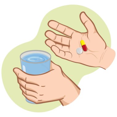 Illustration of hand holding medicines and other hand with glass of water, Caucasian. Ideal for catalogs, information and institutional material and health clipart