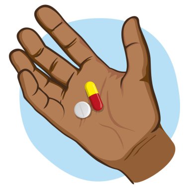 Resimde örnek, afro iniş avuç içinde ilaç ile açık bir insan el temsil eder. Kurumsal ve tıbbi malzeme katalogları için idealdir