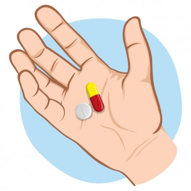 Resimde örnek, avuç içinde ilaç ile açık bir insan el beyaz gösteriyor. Kurumsal ve tıbbi malzeme katalogları için idealdir