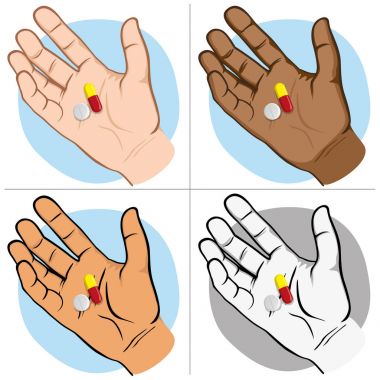 Illustration represents an open human hand with medicines in the palm of the sample, ethnics. Ideal for catalogs of institutional and medical material clipart