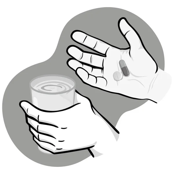 Illustration Médicaments Main Autre Main Avec Verre Eau Noir Blanc — Image vectorielle