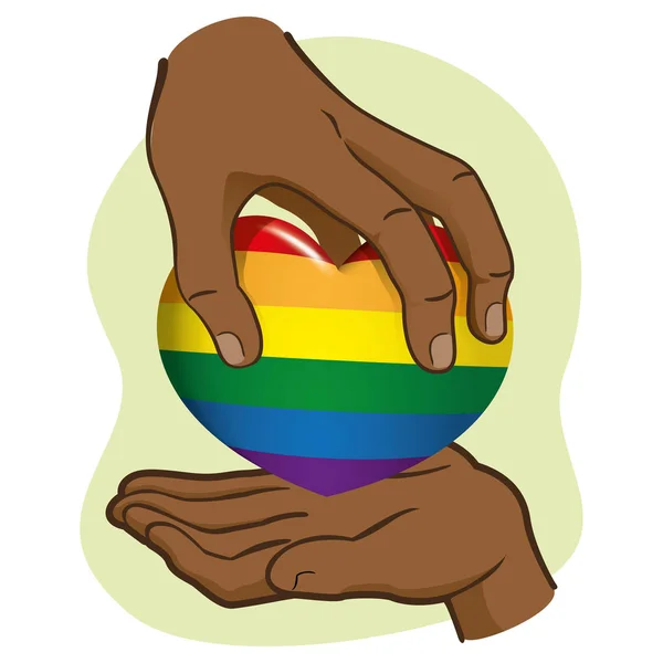 Illustration Hand Överlåta Rainbow Hjärtat Till Annan Afro Härkomst Idealisk — Stock vektor