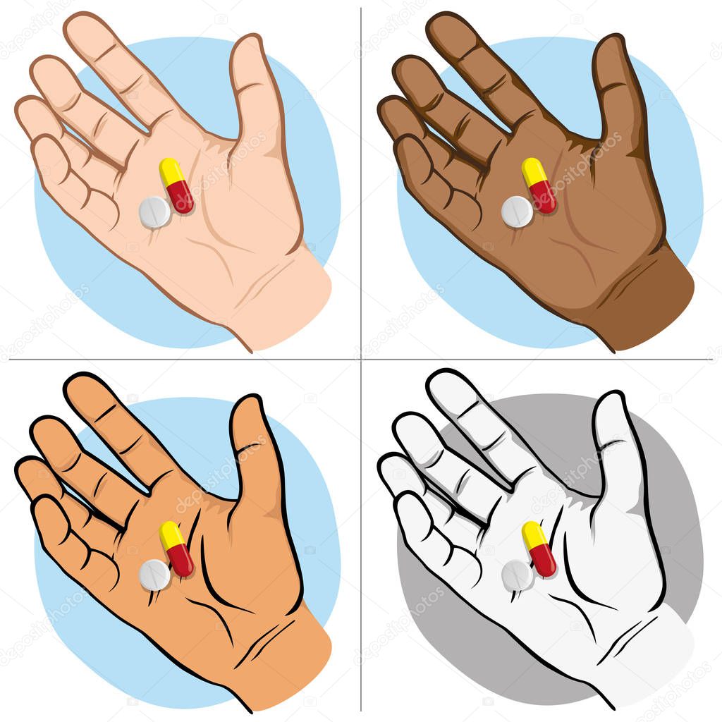 Illustration represents an open human hand with medicines in the palm of the sample, ethnics. Ideal for catalogs of institutional and medical material