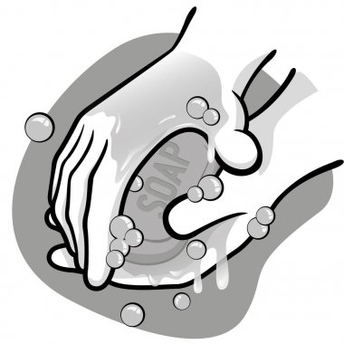 Illustration of a person washing hands with soap and water, black and white. Ideal for training, informational and institutional material catalogs clipart