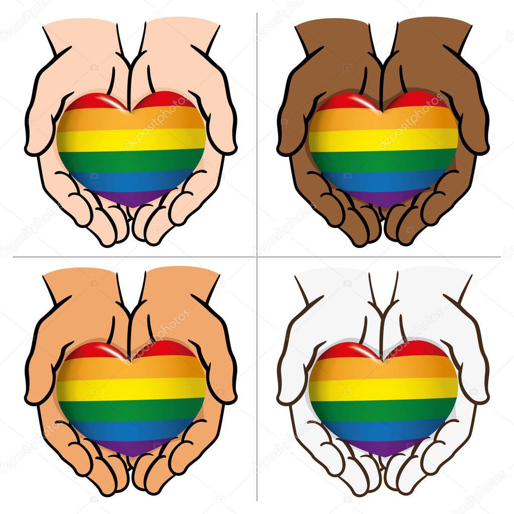 drawing hands together delivering a LGBT heart, homosexual, ethnics. Ideal for institutional and romantic materials and gay flag