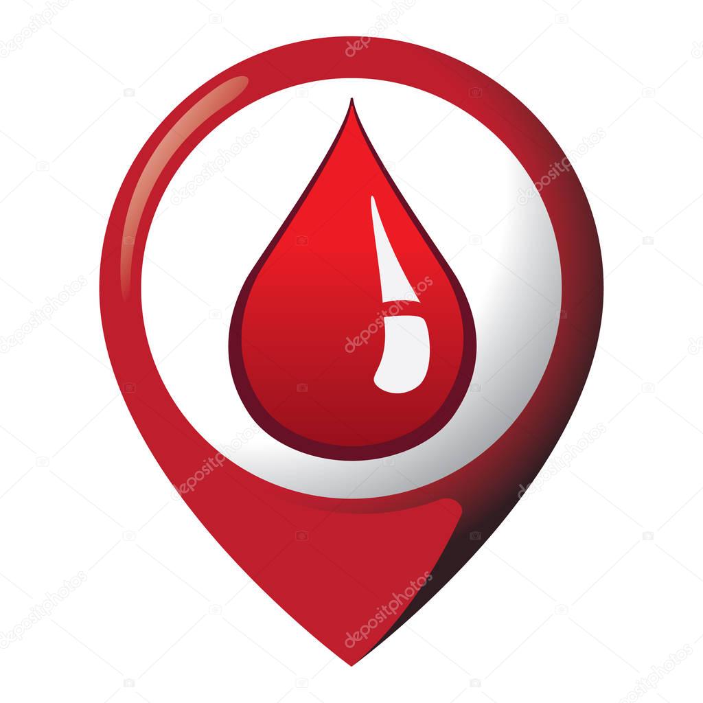 Icon representing location with drop of blood, place of blood donation. Ideal for catalogs of institutional materials