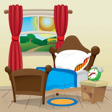 Evin yatak odası bir iç ortam Illustration. Kataloglar, bilgi ve kurumsal malzeme için idealdir