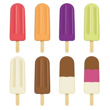 Illustration of a stick of ice cream, different flavors, popsicle, several stick. Ideal for catalogs, information and institutional material clipart