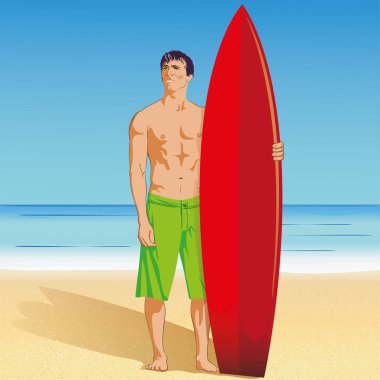 Sörfçü holding sörf bir tropikal plajda su sporları Illustration. Ideal spor ve kurumsal malzemeler