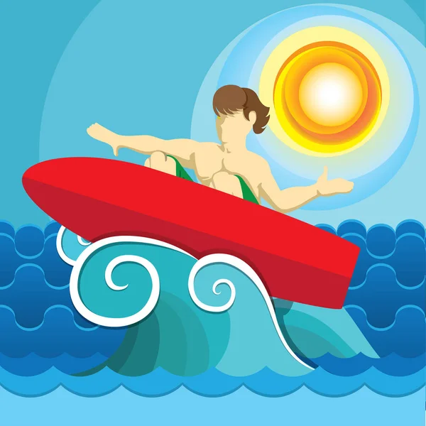 Illustration Surfeur Sur Planche Surf Surfant Sur Vague Sport Nautique — Image vectorielle