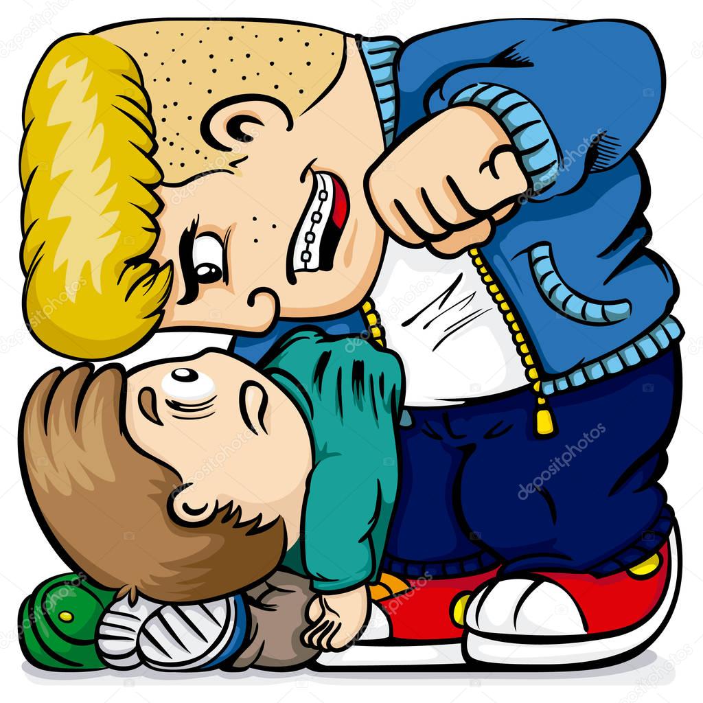 Illustration of a child suffering bullying from a quarrelsome bully. Ideal for catalogs, information and institutional material