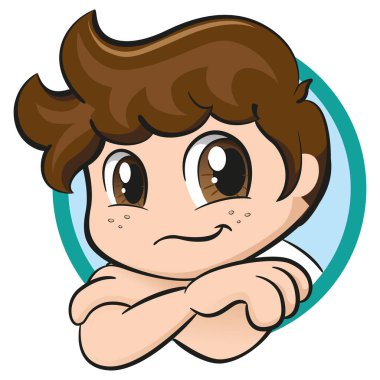 Tuft ve çilli resimci çocuk, gülümseyerek eğiliyor. Kahverengi saçlı ve mutlu bakışlı bir çocuk. Kurumsal ve promosyon konuları için ideal