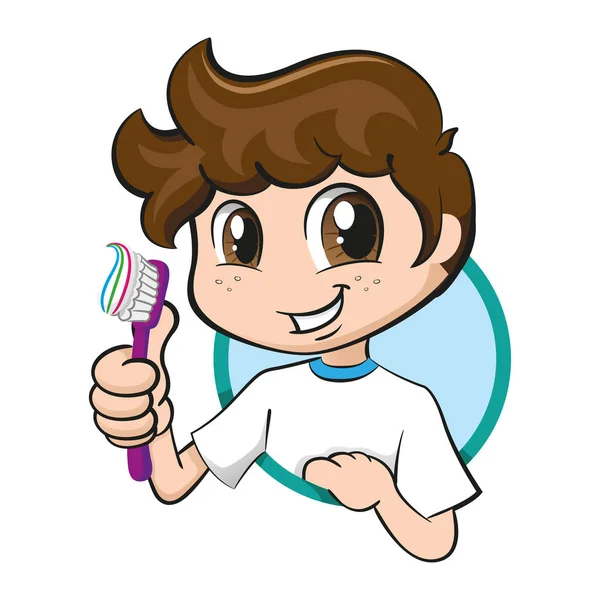 Ilustração Garoto Caucasiano Sorrindo Segurando Uma Escova Dentes Incentivando Higiene — Vetor de Stock