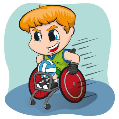 Illustration represents wheelchair blond boy practicing rugby, wheelchair sport Paralympic games. Ideal for sports and institutional materials clipart