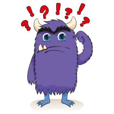 Küçük bir canavarın karikatürü, karizmatik mor, kafası karışık. Eğitim ve kurumsal materyaller için ideal