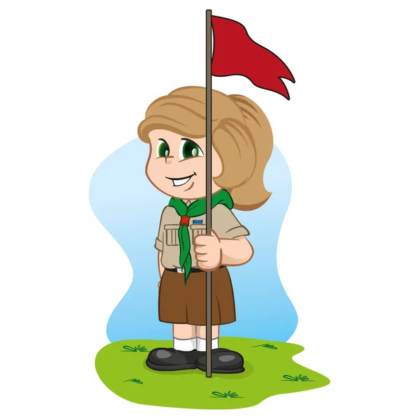 Illustration Caucasian Girl Scout Uniform Holding Flag Ideal Institutional Educational — Stock Vector