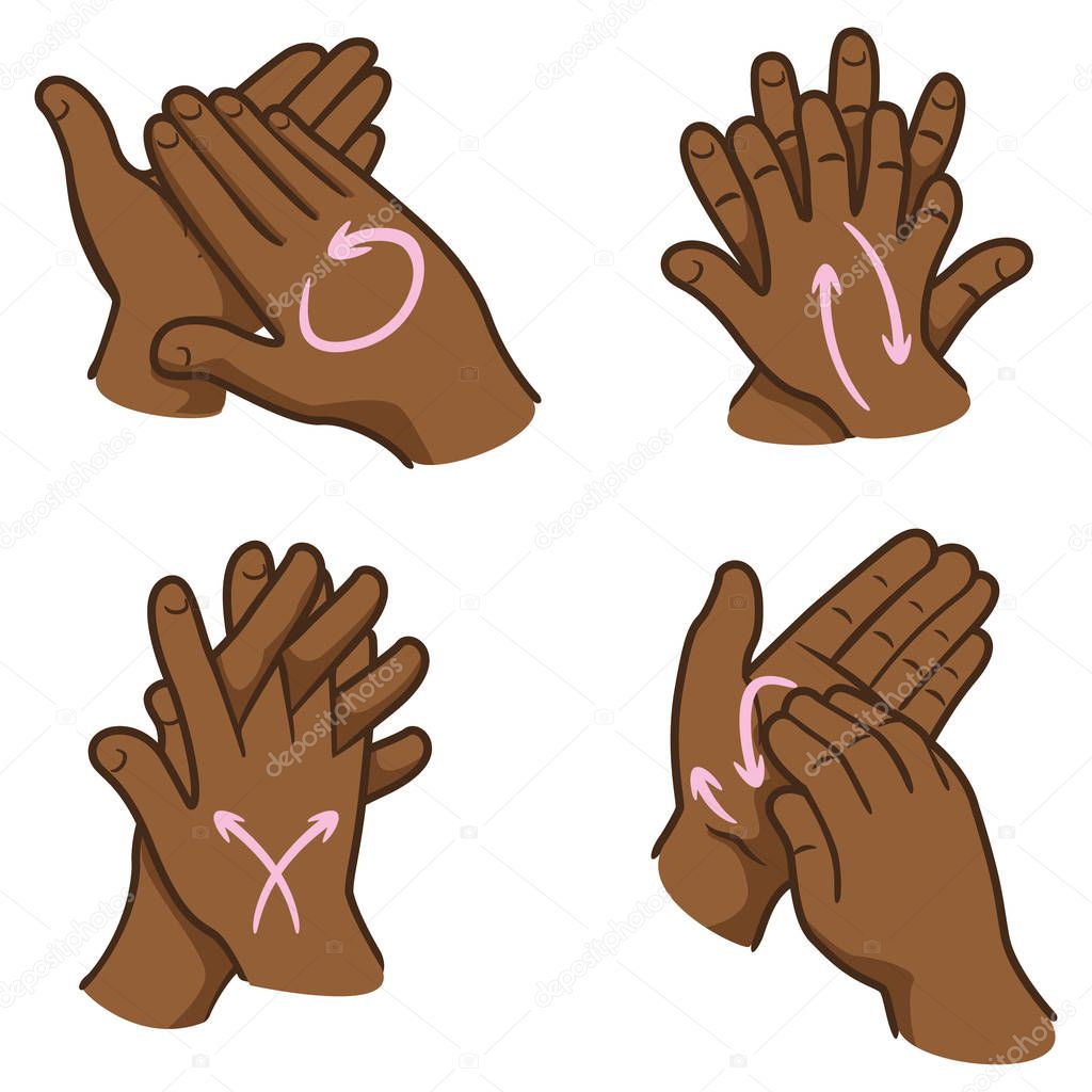 Illustration of a person washing hands in four steps, nail, palm, between the fingers and the top, Afro-descendants. Ideal for institutional and educational materials