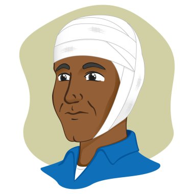 Bandajlı, afro soyundan gelen bir insan kafası tasviri. Katalog, bilgi ve ilk yardım rehberi için ideal