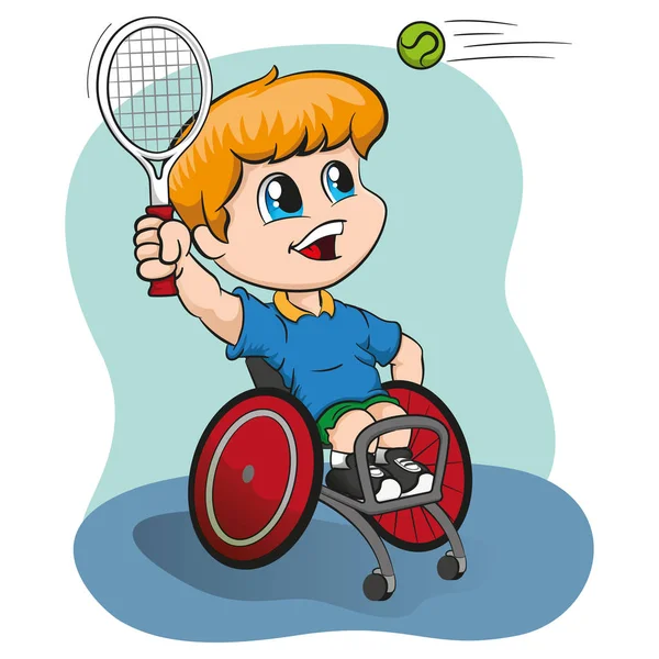 Illustration Represents Blond Boy Wheelchair Playing Tennis Paralympic Wheelchair Sport — Stock Vector