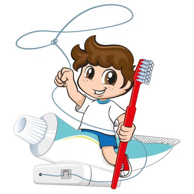 Diş fırçası ve diş ipi taşıyan diş macunu tüpüne binen beyaz bir çocuk. Ağız hijyeni. Eğitim kurumsal kampanyaları için ideal