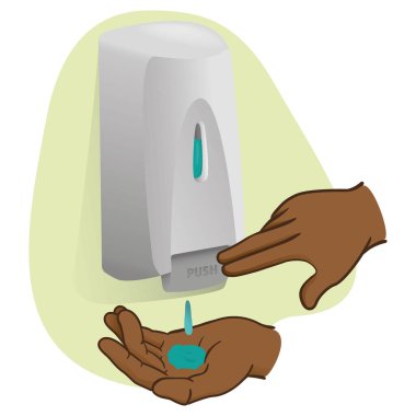 Illustration of a person doing hand hygiene with cleaning product, afro descendant. Ideal for catalogs of product and hygiene information clipart