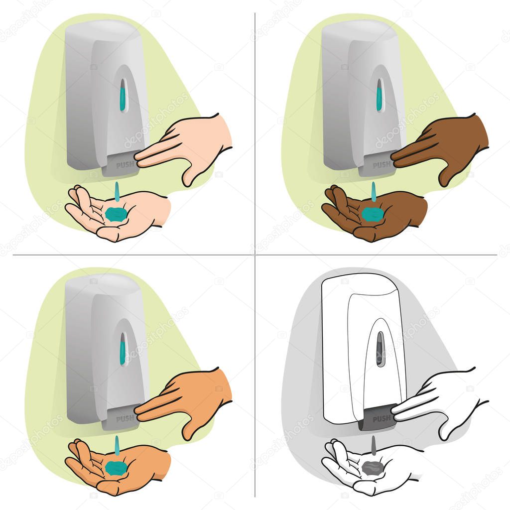 Illustration of a person doing hand hygiene with cleaning product, ethnic. Ideal for catalogs of product and hygiene information