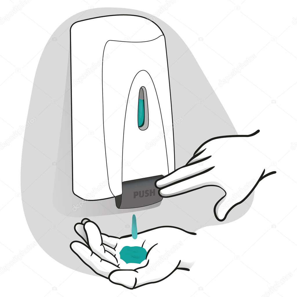 Illustration of a person doing hand hygiene with cleaning product, art line. Ideal for catalogs of product and hygiene information