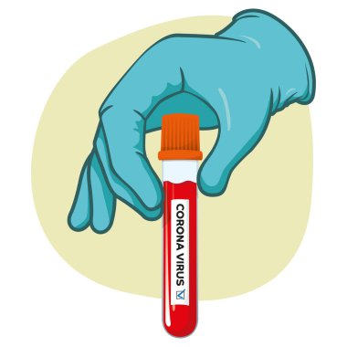 Bir dizi laboratuvar testi yapmak için toplanan Corona virüsü incelemesi için bir şişe kan tutan eli temsil eden bir resim. Eğitim ve kurumsal materyal için ideal
